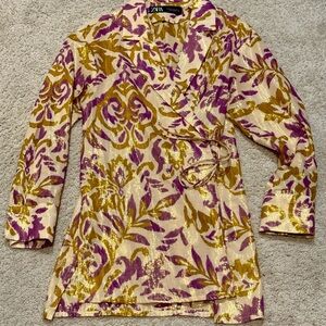 Zara Metallic Floral Wrap Blazer in Gold, Purple, Cream